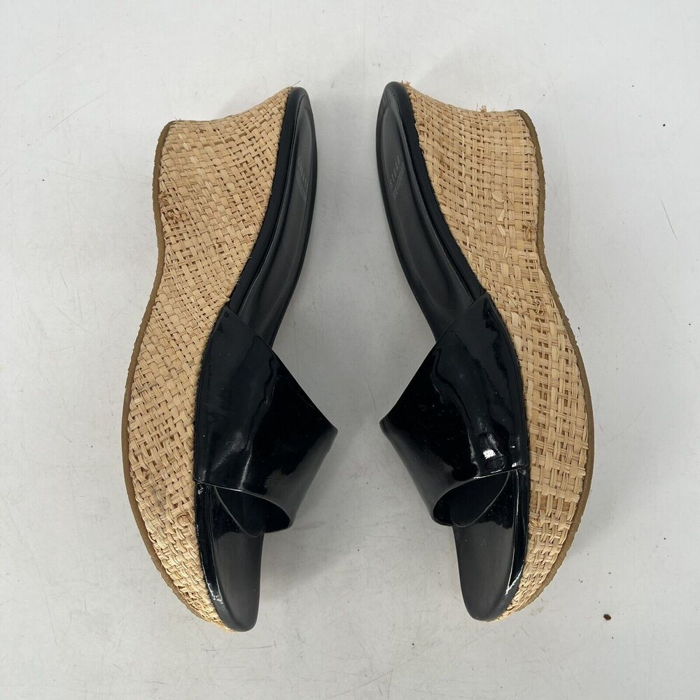 Stuart Weitzman Black Patent Wedge Slide Sandals Raffia Platform Women's 6.5 - Picture 4 of 9